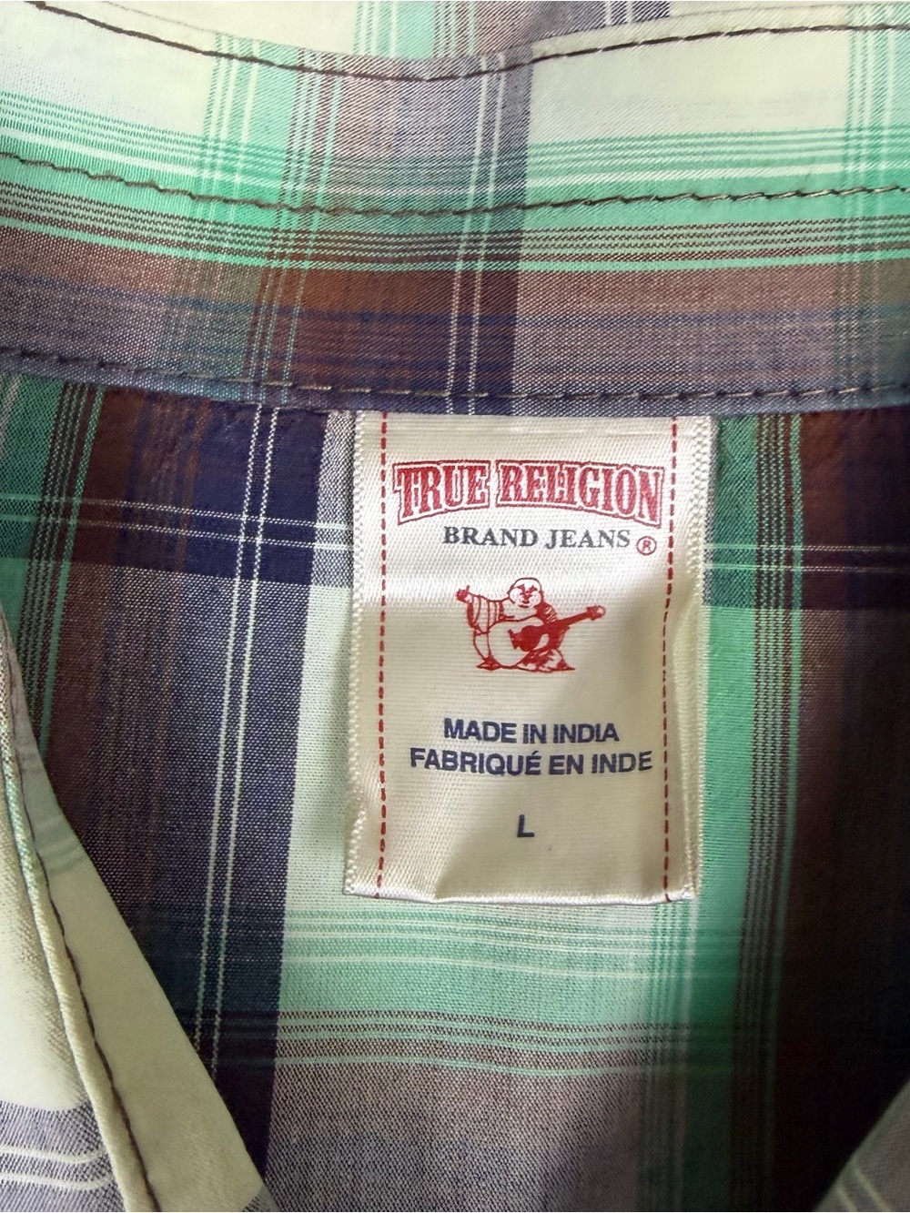 True Religion Men's Plaid Button-Down Shirt Green & Brown Pocket Flaps Western - Picture 3 of 9